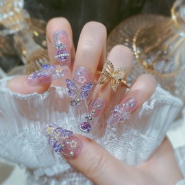 RTKHFZE Long Fake Nails Square,Press on Nails Coffin Glitter Full Cover False Nails with Charm Butterfly and Rhinestones Designs Acrylic Press on Nails Stick on Nails for Women Manicure