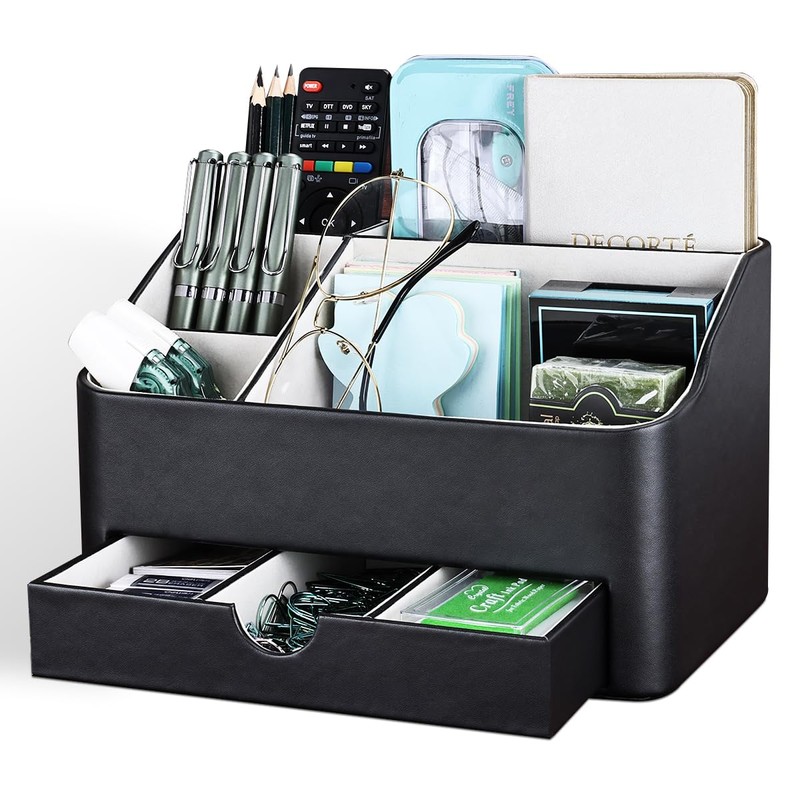 KINGFOM Leather Makeup Organizer with Drawer, Cosmetic Storage for Dresser