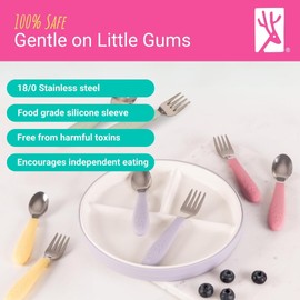 Elk and Friends Kids Silverware with Silicone Handle | Childrens Safe Flatware | Toddler Utensils | Baby Spoons + Forks | Stainless Steel Cutlery | Dishwasher Safe | 6 Pieces