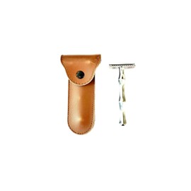 Classic Safety Razor Handle with Brown Leather Travel Case, Chrome-Plated Metal Shaving Tools
