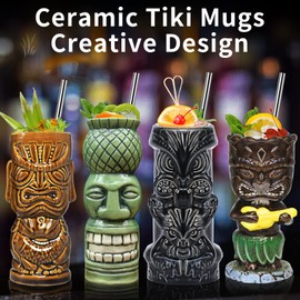 Tiki Glasses for Cocktails Tiki Mugs Set of 4 Ceramic Tiki Party Cups Bar Decor Creative Tiki Mug Set Large Hawaiian Glasses Tiki Drinking Bar Decorations Vintage Tropical Drinkware Barware 4 Packs