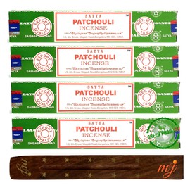 Original Satya Nag Champa Patchouli Incense Sticks | with M&J incense sticks holder | x4 pack | for Aromatherapy, Spa, Yoga, Weddings, Meditation, Healing, Positivity and Relaxation