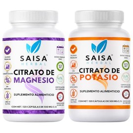 Citrato de magnesio y Citrato de Potasio | 120 cápsulas cada uno | Suplemento Alimenticio | Saisa Herbal Sin sabor | Alta biodisponibilidad | Apoyo de