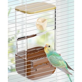 BNOSDM Automatic Bird Feeder No Mess Bird Cage Feeders Parrot Cage Accessories Transparent Seed Food Container with Perch for Finches, Parakeets, Budgies, Lovebirds, Cockatoos, Canaries (Brown)