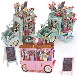 moin moin 2107me178 Message Cards, Assorted Set of 3 Types | Birthday Greeting 360 Degree Pop Out Cut Art Beautiful 3D Antique Moving Car Flower Shop Sign (3D Card + 3 Envelopes)