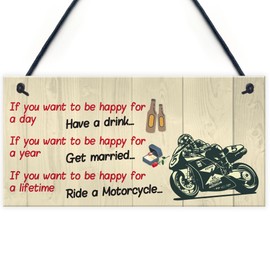 RED OCEAN Happy Life Motorcycle Funny Motorbike Man Cave Hanging Plaque Garage Gift Sign