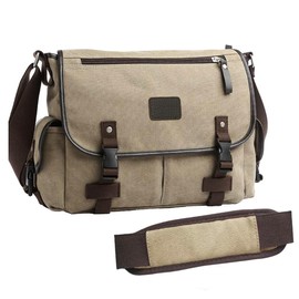 [Upgraded] Vintage Canvas Messenger Bag 13 15.6 17 inches Large Book Laptop Shoulder Bag Women Men New (Beige, 17 inches)