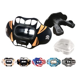 COOLLO SPORTS Lip Guard Mouthguard MAXX/Might Football and High Impact Sports Lip Protector for Adults & Youth (Strap Included) (Golden White Fangs -(One Layer), Without Case (Adult 8+))