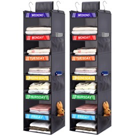Fivebop 2 Pack 6-Shelf Weekly Clothes Organizer for Kids, Hanging Daily Closet Organization with 6 Side Pockets, Days of The Week Clothing Divider Storage for Boys and Girls (Grey)