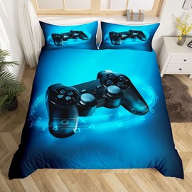 Children's Duvet Cover Set, Teens’ Gamepad Bedding Set, 155 x 220 cm, Modern VR Gamer Comforter Cover for Boys, Girls, Gaming Joystick, Bedroom Decor with 1 Pillowcase, Blue