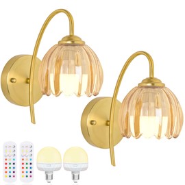 FFVU Vintage Battery Wall Sconce with Flower lampshade,Rechargeable Battery Powered Wall Lights,Wall lamp with 15 Colors for Bedroom Living Room Home Decor (Amber Tulip, 2 Light Battery Operated)