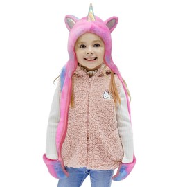 Gifts Treat Kids Unicorn Winter Hat with Scarf Plush Novelty 3 in 1 Multi-Functional Hat, Scarf and Mittens(Purple,M)