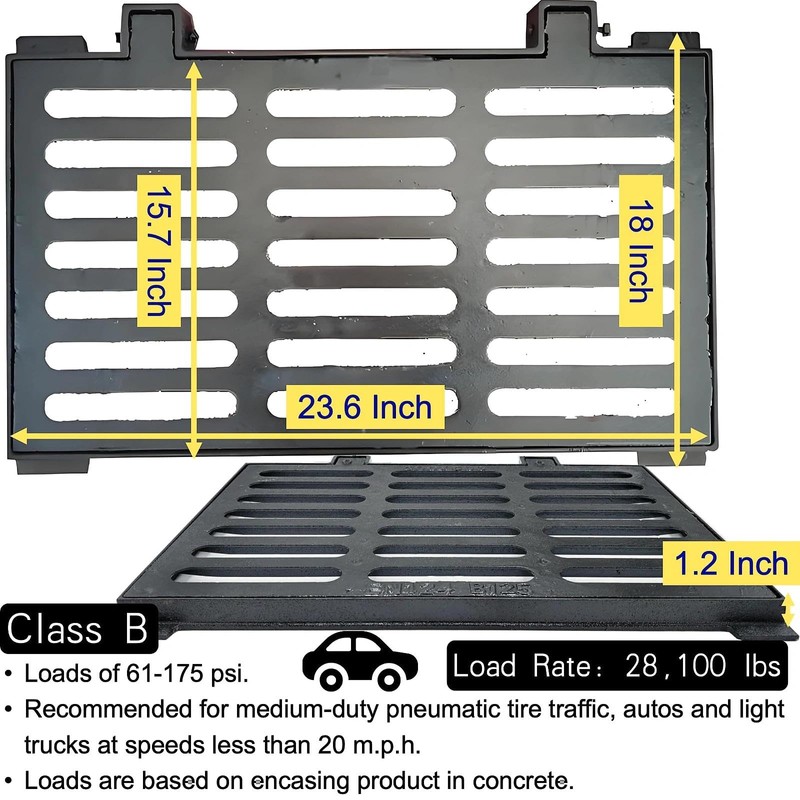 MASSLUNT Cast Iron Drain Grate and Frame 24x16 in, B-Class