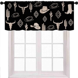Cenefa de ventana occidental, rústico, vaquero, cactus, retro, calavera, suroeste, bohemio, geométrico, negro, para ventana, para recámara, sala de estar, cocina, 1 pieza, 54 x 18 pulgadas