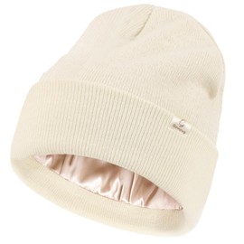 Satin Lined Beanie for Women Men Winter Silk Lined Hat Warm Knit Cuffed Beanies Hat Thickened Slouchy Skull Cap (US, Alpha, One Size, Beige)
