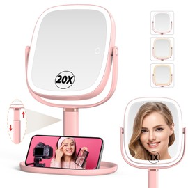 Mocado Makeup Mirror with Lights, 1X/20X Magnifying Mirror with Light, Vanity Mirror with 3 Colors Lights, Height Adjustable Lighted Makeup Mirror, Double Sided 360°Rotation, Memory Function (Pink)