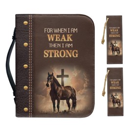 Cadowhimsy Strong Horse Cross Brown Print Faux Leather Bible Covers for Women Men Book Carrying Case with Bookmarks Zippered Bible Carrier Bag Book Protector Christian Bag, L