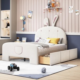 Harper & Bright Designs Full Size Velvet Platform Bed Frame for Boys Girls Kids Adults Toddler with Rabbit-Shaped Headboard, with Drawers, with Bed-End Storage Pocket, Beige