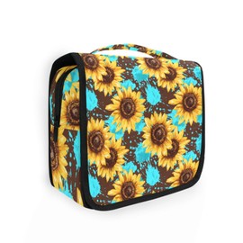 pnyoin Hanging Toiletry Bag for Women Teal Art Floral Sunflower Makeup Bag Travel Essentials Toiletries Organizer Bag Flower Cosmetic Bag Foldable