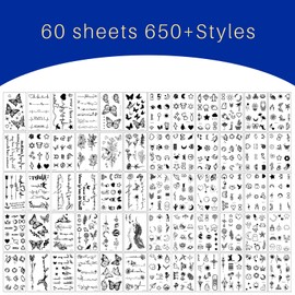 60 Sheets Small Temporary Tattoos For Women, Festival Fake Tattoos, Realistic Removable Stick On Tattoo, Words, Symbol, Butterfly, Patterns, Flowers, For Neck Arm Hands