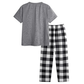 Verdusa Men's 2 Piece Loungewear Pajama Set Plaid Print Short Sleeve Tee Top and Pants Set Grey Large