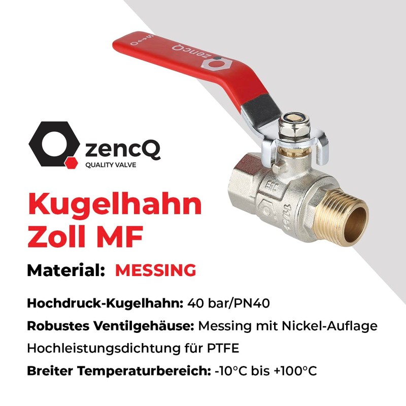 zencQ Ball Valve 1/2 Inch MF Lever Handle, Brass Ball