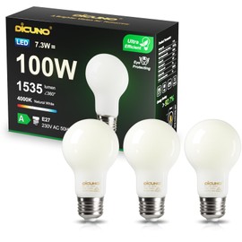 DiCUNO Edison LED Bulb E27, Classic Ultra Efficient Bulb, A Label, 7.3 W, Replacement for 100 W Bulb, Neutral White 4000 K, 1535 lm, 360°, Matt, Energy Efficiency Class A, A60 LED Bulb, Pack of 3