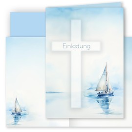 10 Invitation Cards with Envelope Invitation Folding Cards Stylish Cross and Sailing Boat Watercolour Delicate for Christening Communion Confirmation Blue Girls and Boys