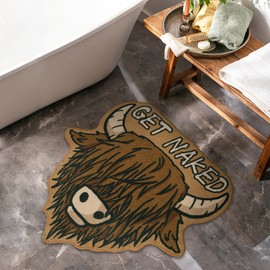 Highland Cattle Microfiber Rug Bath Mat Scottish Long Horn Fluffy Cow Get Naked Cute Bathmat Non Slip Absorbent Floor Mat Carpet for Bathroom Farmhouse Home Decor, 25.6"x25.6"