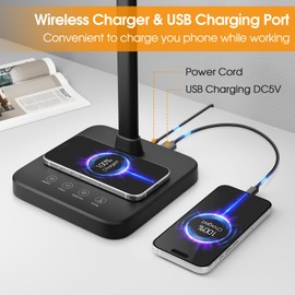 ShineTech LED Desk Lamp for Home Office, 24W Double Head Desk Light with Wireless Charging, USB Port, 25 Lighting Modes Adjustable Lamps