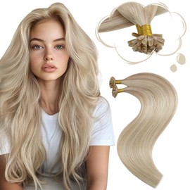 Moresoo Utip Hair Extensions Human Hair Ash Blonde with Bleach Blonde Highlight Remy K Tip Hair Extensions Human Hair Blonde Straight Keratin Hair Extensions Human Hair 14 inch 40G/50s