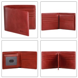 VISOUL Men's Carbon Fiber RFID Blocking Genuine Leather Wallet with 1 ID Window, 2 Cash Pockets and 14 Credit Card Slots, Red, red