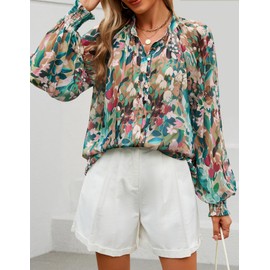 ZESICA Women's Floral Print Blouse 2025 Long Sleeve Button Down Casual Fall Boho Oversized Tops Shirts,Pink Green,Large