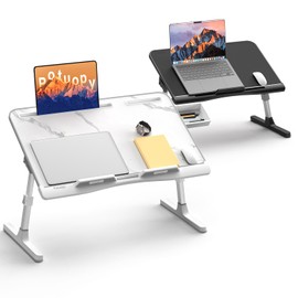 Potuopy Adjustable Folding Lap Desk Tray, Stable Bed Table Tray with Drawer on Couch Floor Bed for Eating Writing Drawing Working, X-Large Marble and Large Black