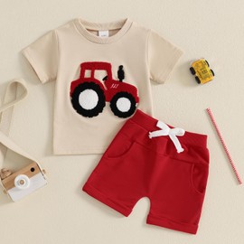FYBITBO Infant Toddler Baby Boy Summer Clothes Fuzzy Tractor Short Sleeve Tops TShirt and Shorts Summer Outfits Clothing Sets (Red, 2-3T)