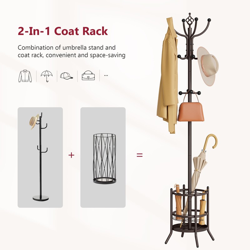 Tajsoon Coat Rack Stand with Umbrella Holder, Coat Tree Freestanding
