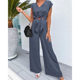 PRETTYGARDEN Women's Summer 2 Piece Outfits 2025 Cap Sleeve V Neck Belted Crop Tops Wide Leg Pant Sets Casual Tracksuit(Solid Grey Blue,Medium)