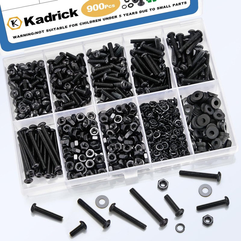 Kadrick 900Pcs M3 Screw Assortment,Machine Screws with Nuts Washers, Grade