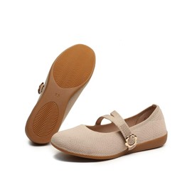 ZUXYAFU Women's Flats Mary Jane Ballet Flats Comfortable Knit Casual Ballerina Walking Dressy Office Slip-on Shoes with Adjustable Straps, 047 Camel 9 US