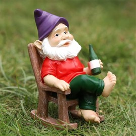 Funny Garden Gnome - Drinking Garden Dwarf Sitting on Rocking Chair, Resin Garden Statue Indoor Outdoor Lawn Figurines for Home Yard Decor(5.9 inch)