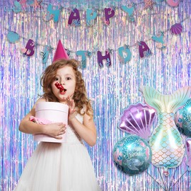 Iridesecent Party Fringe Backdrop Decorations - GREATRIL Foil Streamers for Mermaid Birthday Party 3.2ft x 6.5ft - 2 Packs