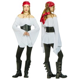 kasahara Pirate Costume Women's Medieval Sexy Pirate Off Shoulder Outfit with Tops Blouse, Corset, Leggings, Headscarf, Carnival Full Fancy Dress Costume (White, S)
