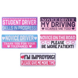 5pcs Student Driver Magnets, 10x3.94in Reflective Magnetic Novice Driver Stickers Pink Funny New Driver Signs Safety Warning Bumper Stickers Vehicle Accessories