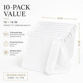 Juicer Bags for Cast Iron Juicer 10 Pack - 200 Mesh Nylon Juice Press Bags, 10 x 14 in, Reusable Fine Mesh for Juicing, Nut Milk, Cold Press Fruit & Cider, Citrus Juicers, Kitchen Straining