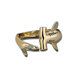 Stainless Steel Great White and Hammerhead Shark Adjustable Ring with Black Cubic Zirconia Accents (Gold Hammerhead Shark)