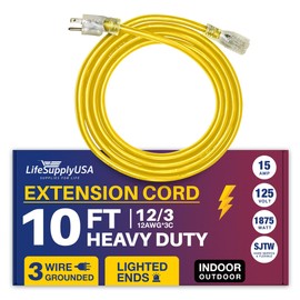 LifeSupplyUSA - Cable de extensión eléctrico Impermeable de 3 m para Exteriores e Interiores, Cable de extensión eléctrico de 3 Puntas SJTW, Calibre 12, 15 AMP, 125 voltios, 1875 vatios, 12/3 -