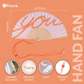 FISURA – Original Folding Handheld Fan with Fun Message "you", Wooden Folding Fan for women, Orange Design with Hanger for Wedding, rave, festival - Size: 42.5 x 23 cm
