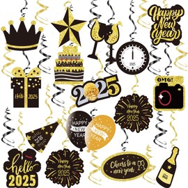 New Years Eve Decorations 2025, 30 PCS Black and Gold Happy New Year Hanging Swirl Decorations for New Years Eve Party Supplies Decorations