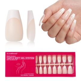 GLAMERMAID French Tip Press On Nails, 150pcs Medium Coffin False Nail Tips, Pre-Designed Fake Nails for DIY, Long-Lasting Gel Nail Extensions, 15 Sizes for a Great Fit, Ideal for Home Manicures, Nude