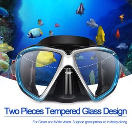 Snorkel Diving Mask, Panoramic HD Scuba Dive Mask Anti-Fog Swim mask Tempered Glasses Swim Goggles with Nose Cover for Snorkeling, Diving, Swimming (A-Blue)